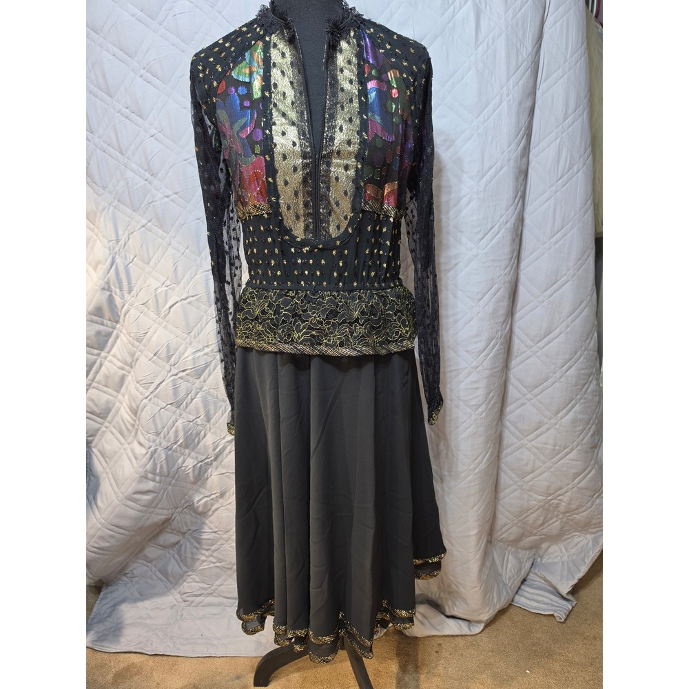 Lillie Rubin Vintage Black Gold Metallic Floral Brocade Lace Peplum 2 pc. Skirt